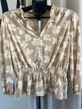 Simply Vera Vera Wang Floral Smocked Peplum Blouse Tan Yellow White Small